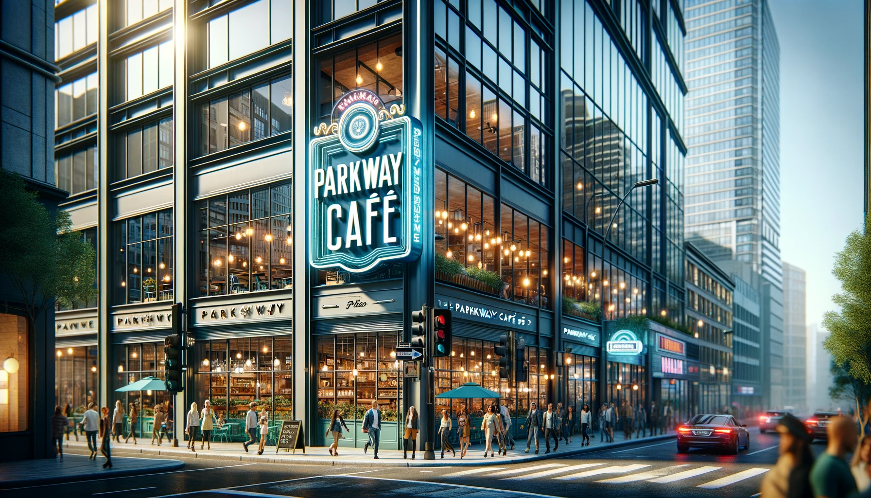 Realistic render of a bustling downtown environment, where the 'Parkway Café' logo from the first design shines brightly on a shop sign. The sign is attached to a modern glass building that reflects the city's vibrancy. The atmosphere is alive with diverse individuals of different descent and gender strolling on the sidewalks, cars driving by, and adjacent businesses adding to the urban ambience.