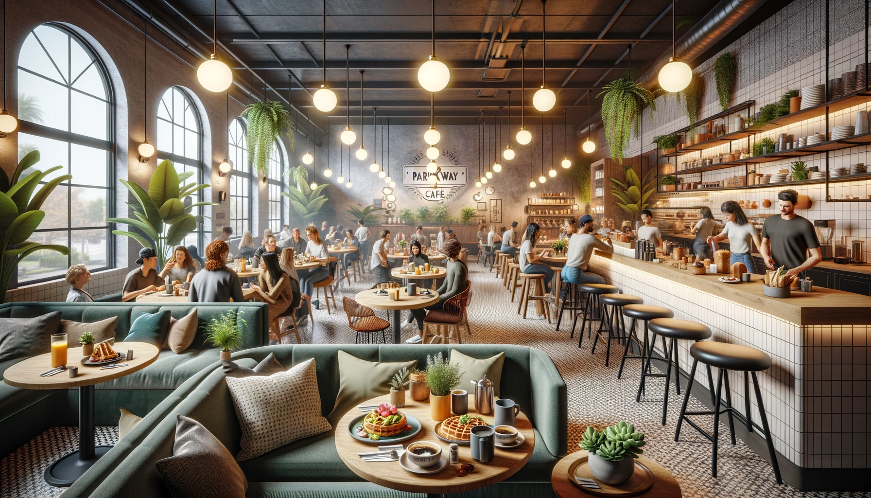 Photo-realistic depiction of the 'Parkway Café' interior, taking inspiration from the ambiance of the first image. The environment is welcoming with a blend of modern and rustic design elements. Seating is varied with cozy couches, bar stools, and cushioned chairs. Brunch dishes like avocado toast, waffles, and omelets are visible on tables, alongside steaming mugs of coffee. Plants are strategically placed for a touch of greenery, and the space is illuminated by pendant lights. Diverse customers of various descent and gender chat, read, and dine, creating a vibrant yet relaxed mood. Brunch Cafe
