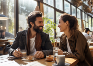 Man and woman enjoyong a cafe meal. beautiful light natural white space, and timber clad.