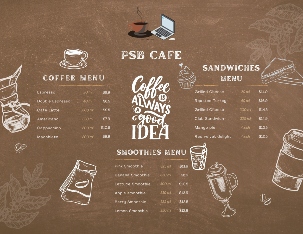 PSB Coffee Shop menu