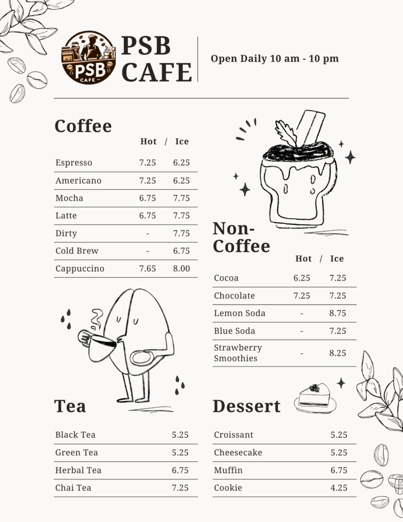 Premium Handcrafted Coffee Mississauga menu psb cafe