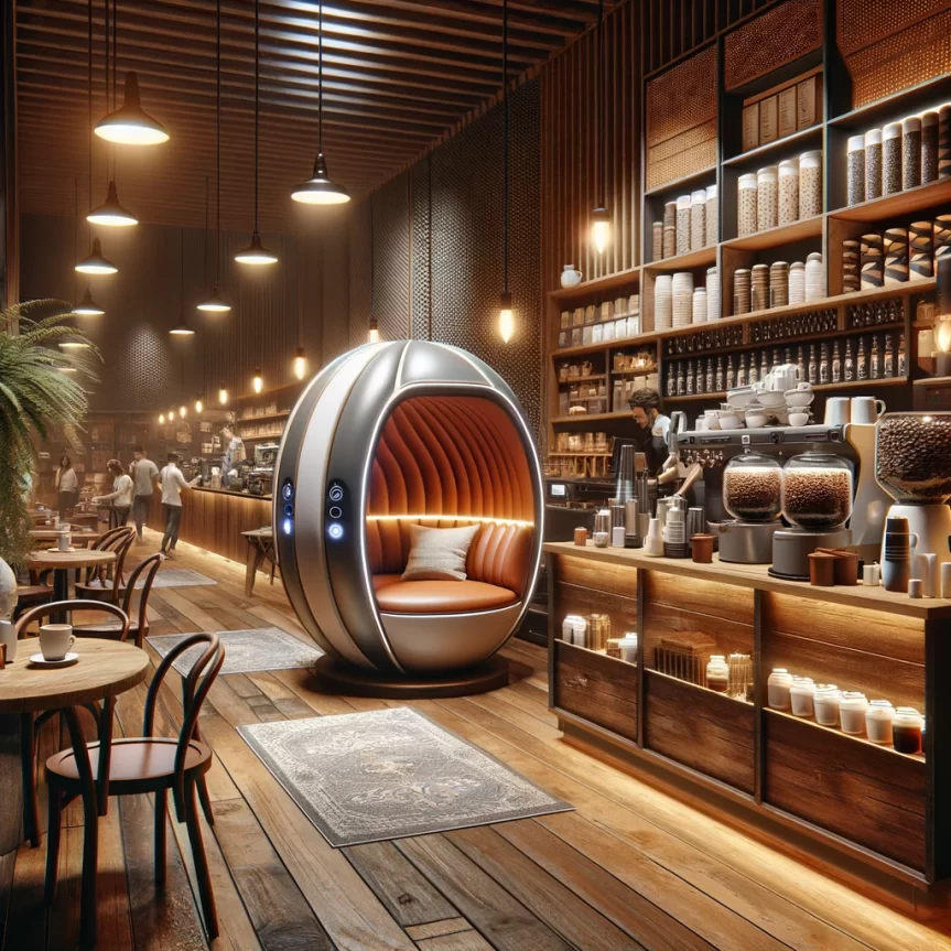 DALL·E 2024-03-03 17.10.07 - Imagine an elegantly designed audio immersive pod within a bustling cafe scene, perfectly blending modernity and coziness. This updated scene includes