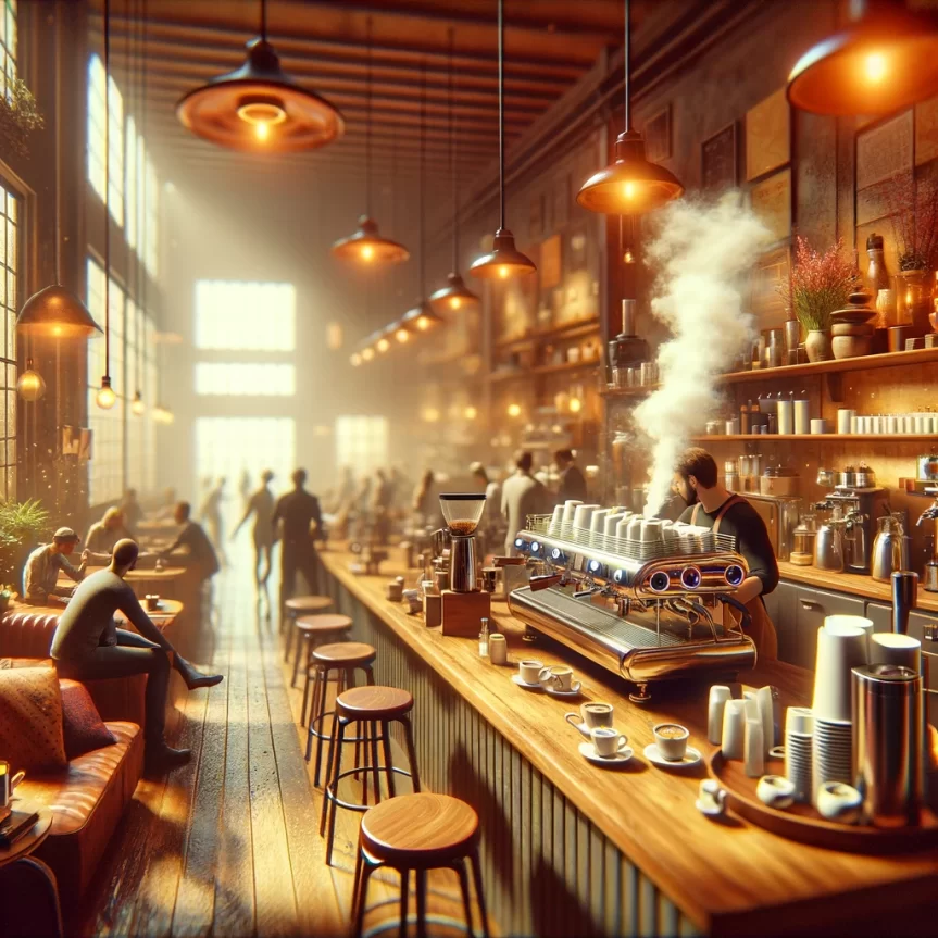 DALL·E 2024-03-03 17.38.30 - Imagine a vibrant cafe scene devoid of the audio immersive pods, focusing solely on the lively atmosphere and the process of coffee brewing. The cafe
