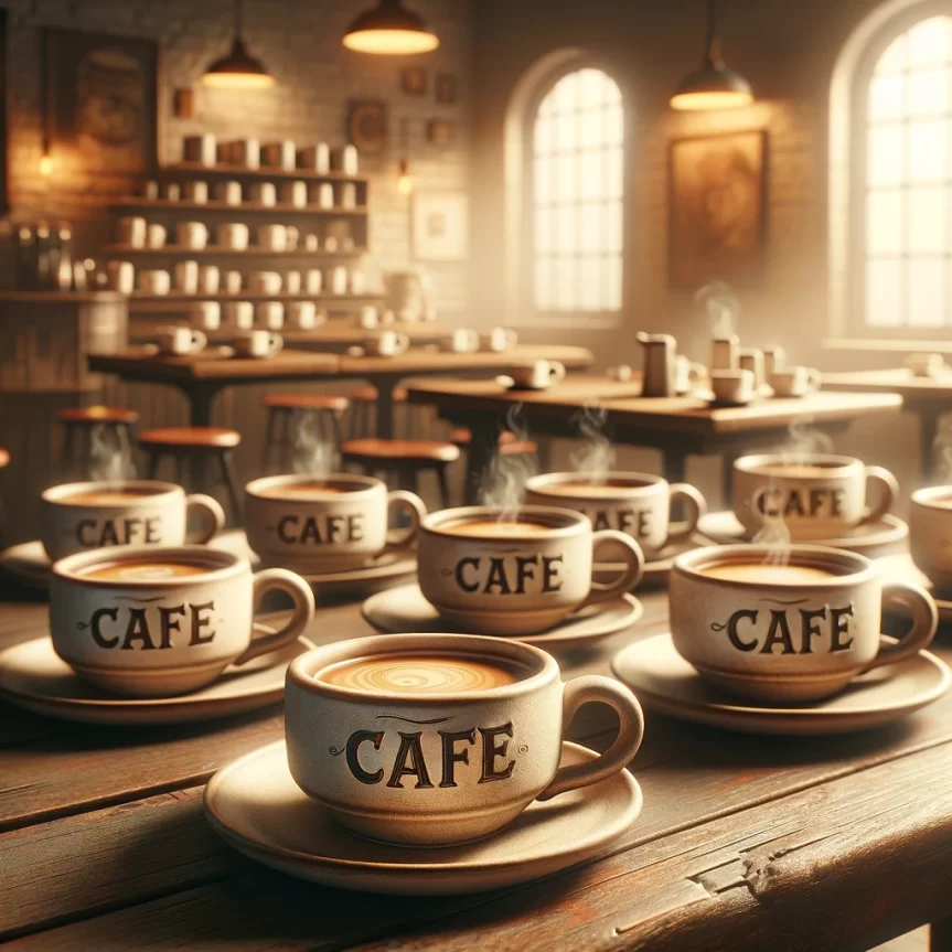 DALL·E 2024-03-03 17.41.17 - Imagine a close-up view of several coffee cups arranged on a rustic wooden table within the warm, inviting atmosphere of a cafe. Each cup is filled wi