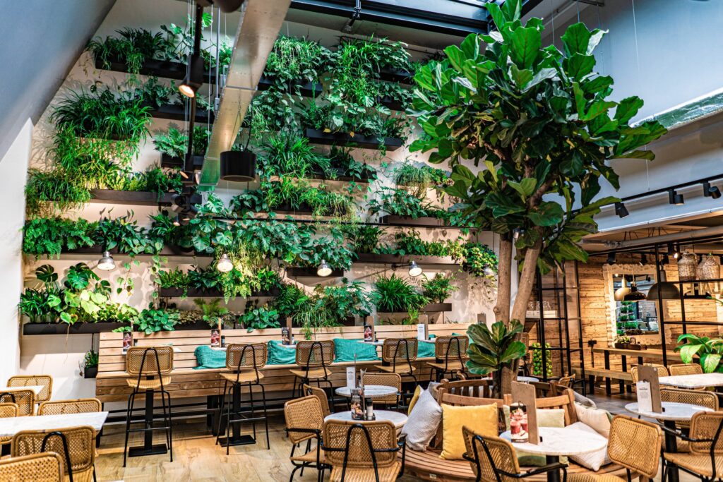 An image of the cafe with lush green plants and modern architecture