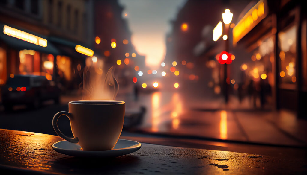 Brewed and fresh coffee with hot steam resting on an outdoor table outside a cafe with a background of a street with lights in the background