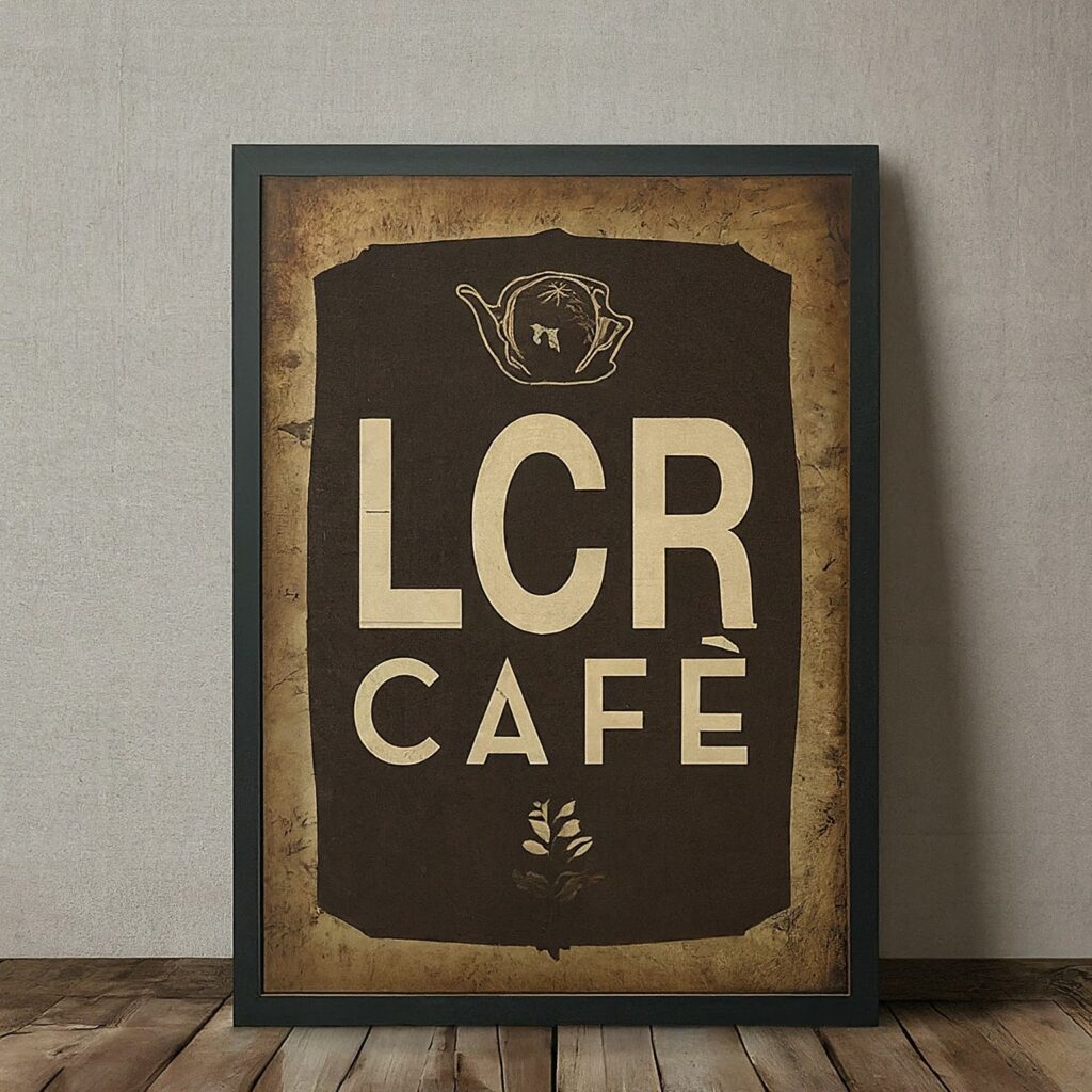alt= Vintage-style framed cafe poster with bold typography, a teapot icon, and the Local Coffee Roastery Mississauga design.