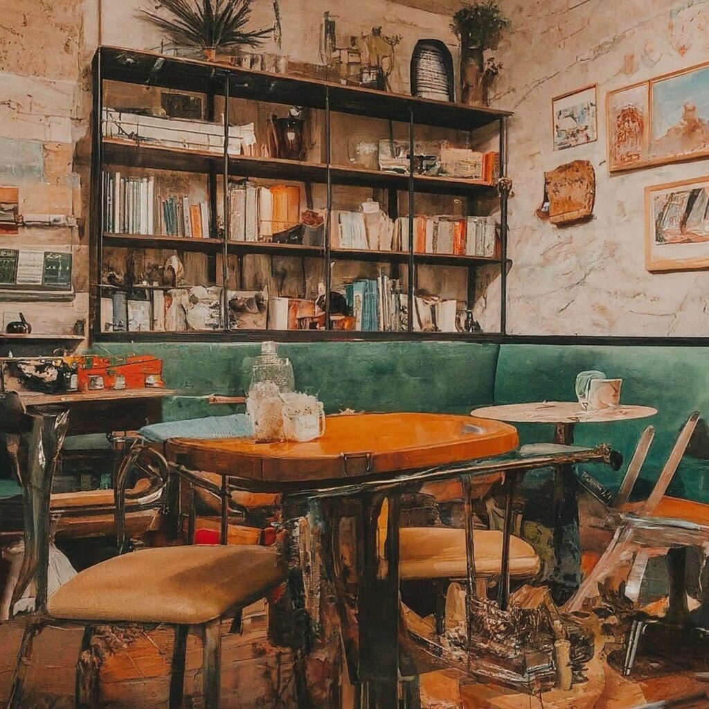 An inviting café scene with cozy seating, soft lighting, and a steaming cup of freshly brewed coffee, surrounded by delicious savory dishes, evoking a sense of exquisite and indulgence.