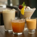 "An array of colorful shakes and refreshing drinks displayed on a wooden counter, adorned with vibrant garnishes and served in chilled glasses, tempting the taste buds with their delightful flavors and thirst-quenching appeal."