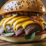 "A mouthwatering burger served with a side of golden fries, beautifully presented on a rustic wooden board, showcasing the perfect balance of savory ingredients and culinary craftsmanship."