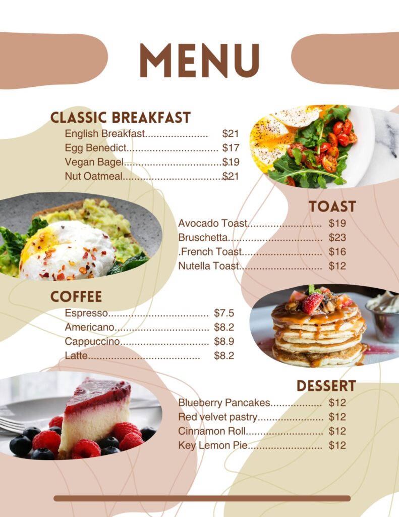 our custom menu for the breakfast