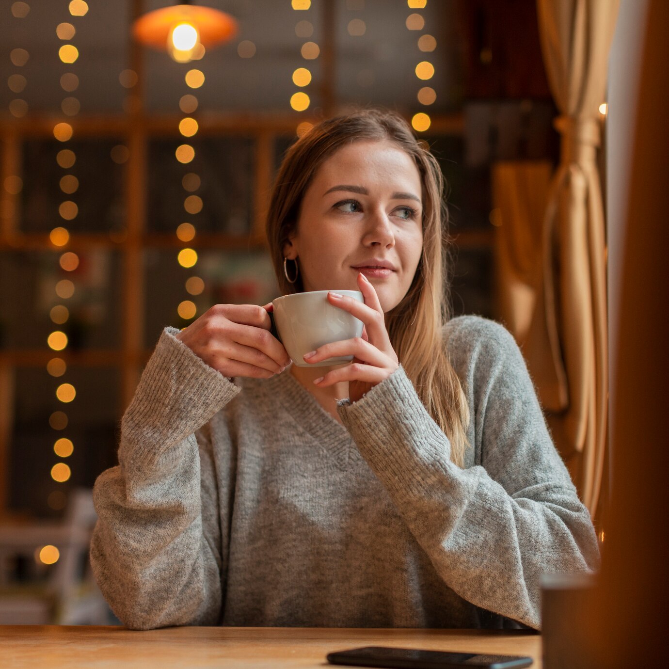 Beautiful girl sitting in a cafe holding a cup of coffee against a blurred background of fairy lights enjoying coffee in an unexplored cafe