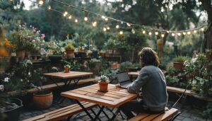 Cozy workspace at PSB Cafe with organic coffee.