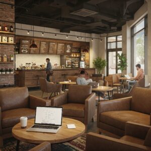 A photo of a modern, well-lit coffee shop with a warm, inviting atmosphere. There are plush seating areas, plants, and soft lighting throughout the space. A young woman is sitting at a table, working on her laptop.