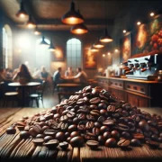 DALL·E 2024-03-03 18.13.29 - Visualize a close-up scene within the same vibrant and warmly lit cafe, this time focusing on a pile of fresh coffee beans. The background softly blur